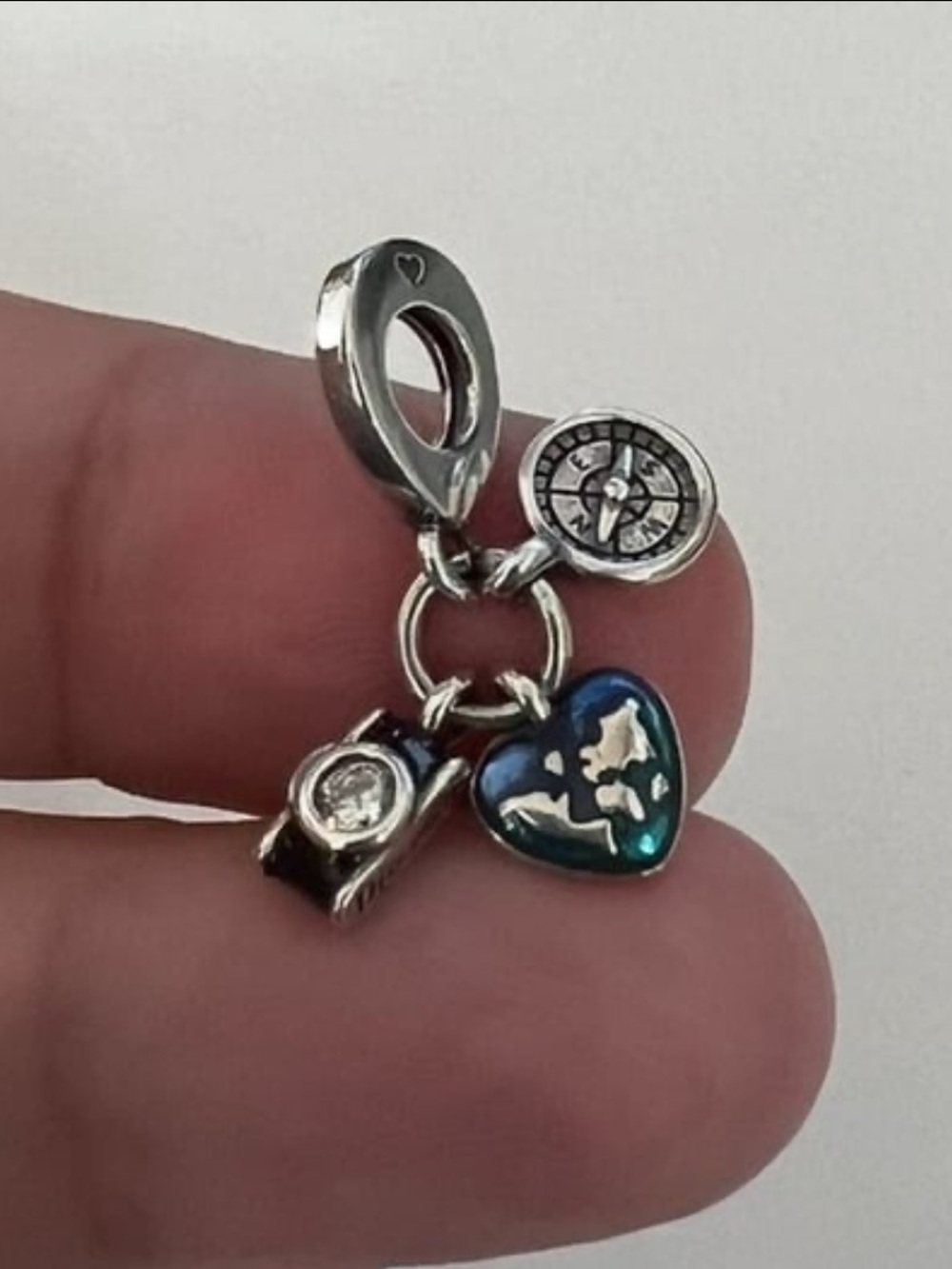 Pandora Camera, Heart & Compass Triple Dangle Charm